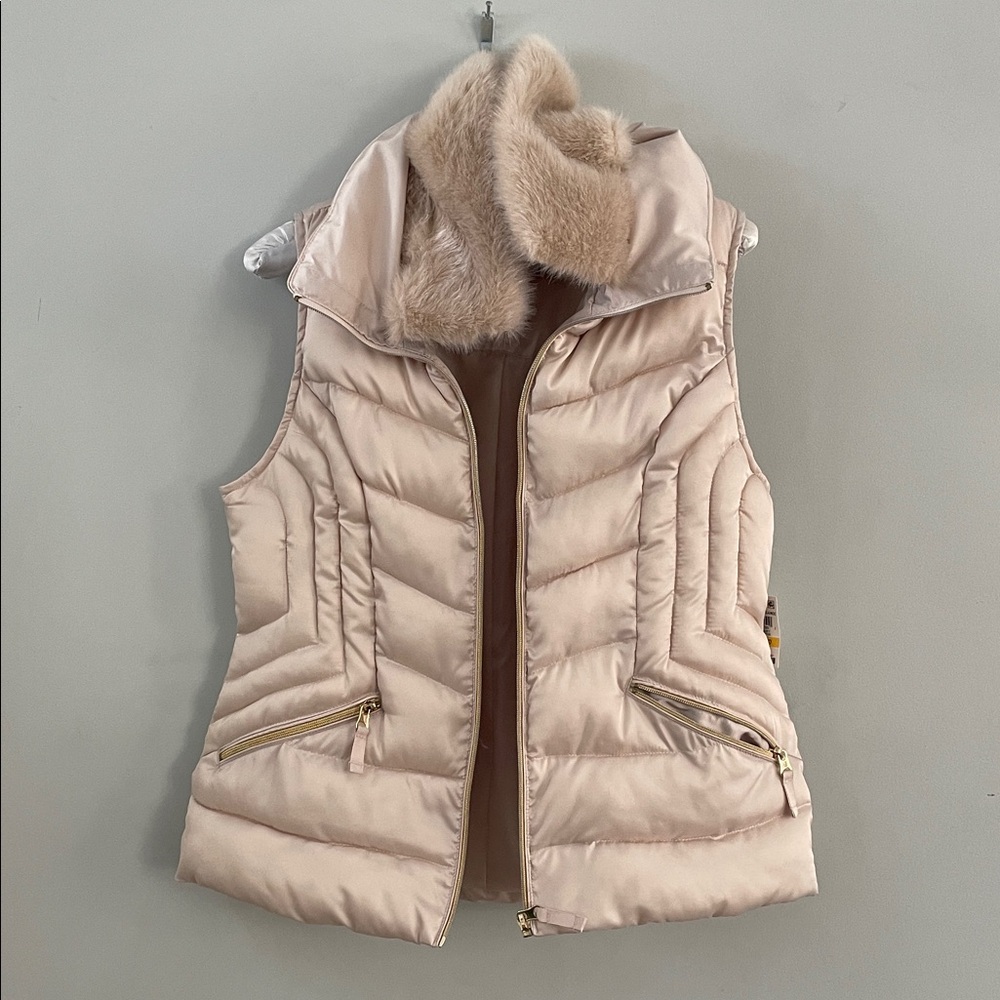 Charter Club Beige Puffer Vest with Faux Fur Trim